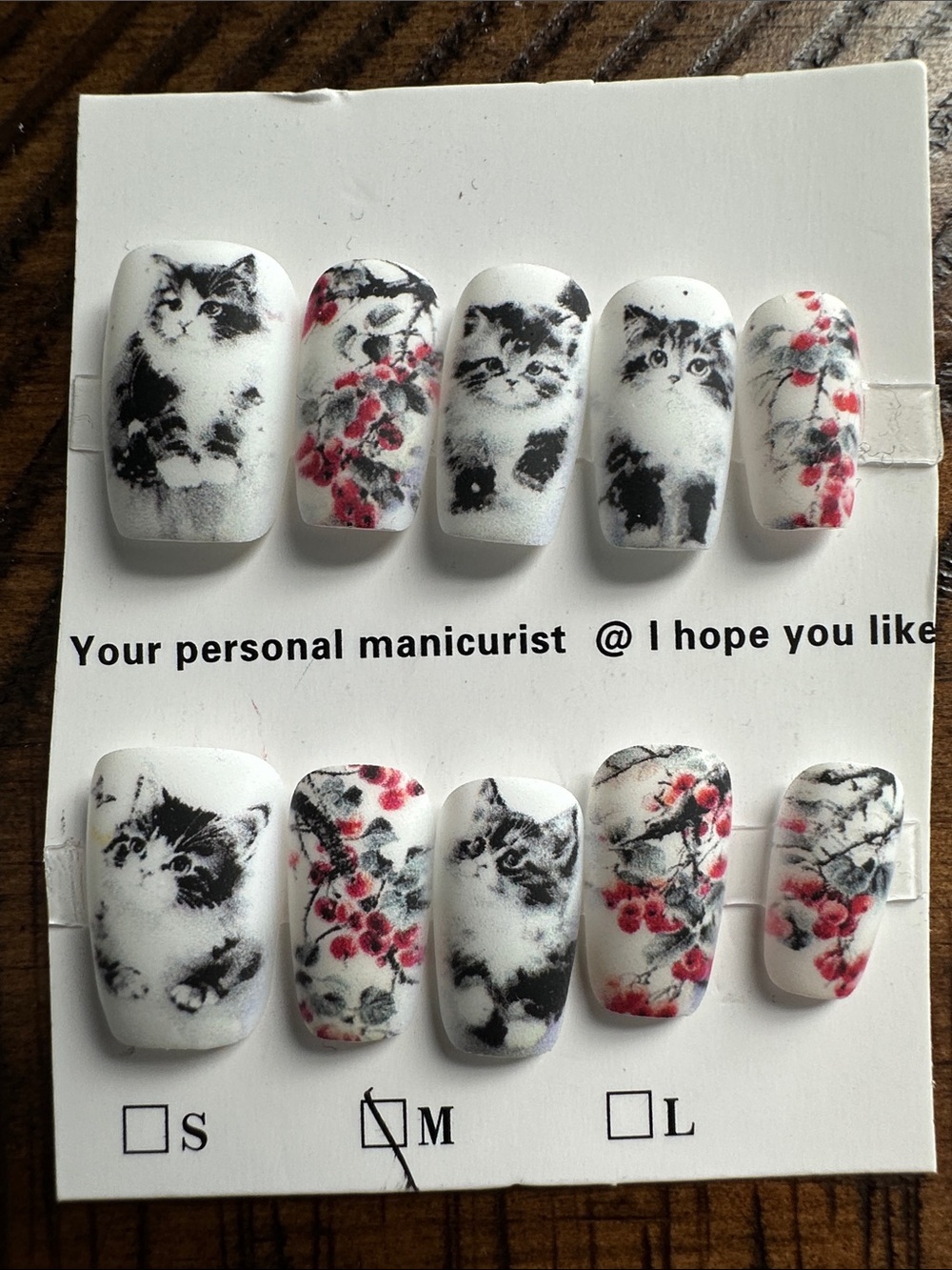 Press-On Cat Print False Nails - White with Black & Red Accents